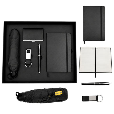 Elegante Set Regalo Classico con Personalizzazione - Taccuino in Pelle A5, Ombrello, Penna, Portabiglietti e Portachiavi in Scatola Regalo Estetica