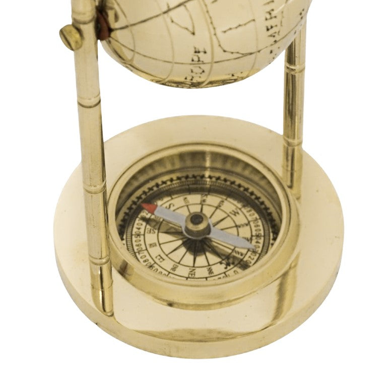 Globo decorativo in ottone con bussola e possibilità di personalizzazione con incisione, dorato, altezza 12,5 cm