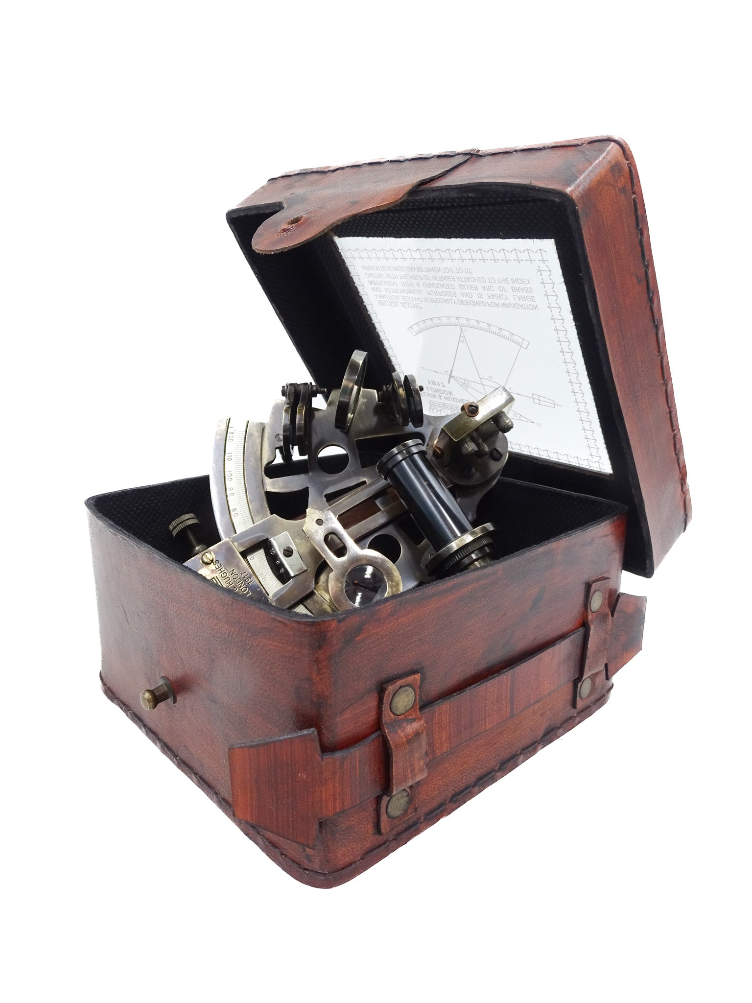 Sestante in ottone con incisione in scatola di pelle - replica del 1917, ideale come regalo per marinai e astronomi, dimensioni 13x12x6 cm, antico, materiale: ottone e vetro