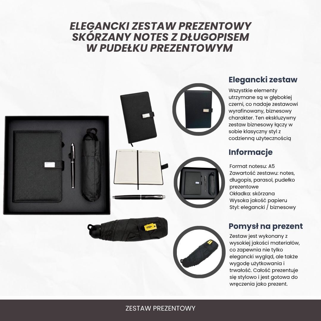 Elegante Set Regalo con Personalizzazione - Taccuino in Pelle A5, Penna e Ombrello Nero in Scatola Regalo