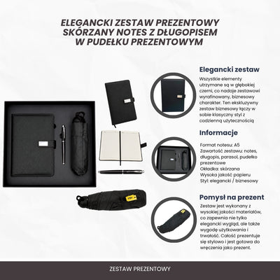 Elegante Set Regalo con Personalizzazione - Taccuino in Pelle A5, Penna e Ombrello Nero in Scatola Regalo