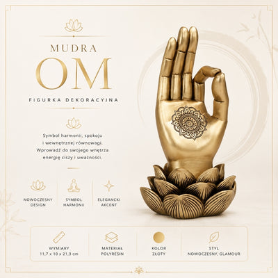 Figura dorata Mano di Buddha Mudra OM con incisione - elegante decorazione da regalo - fiore di loto, 21 cm, polyresina, stile glamour