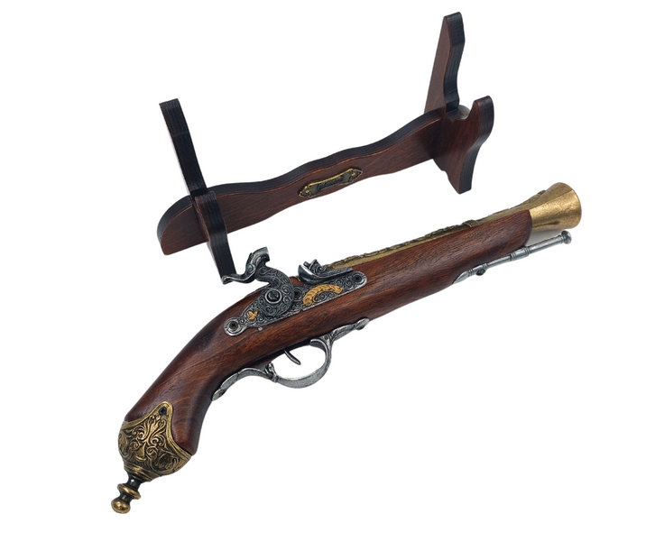 Replica della Pistola a Pietra Focaia del XVIII Secolo su Supporto con Possibilità di Incisione Personalizzata - Elegante Elemento Decorativo e Regalo Ideale per gli Amanti della Storia - Realizzata in Metallo e Legno, Lunghezza 38 cm