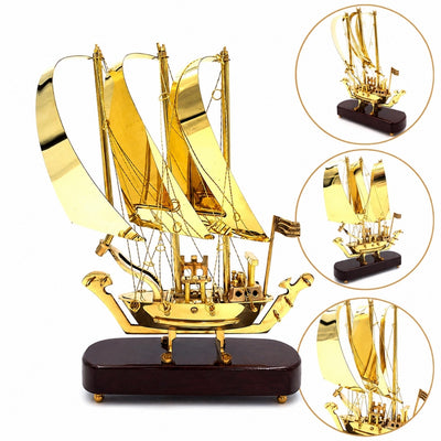 Elegante Nave in Ottone su Base in Legno 30 cm con Possibilità di Personalizzazione Incisa