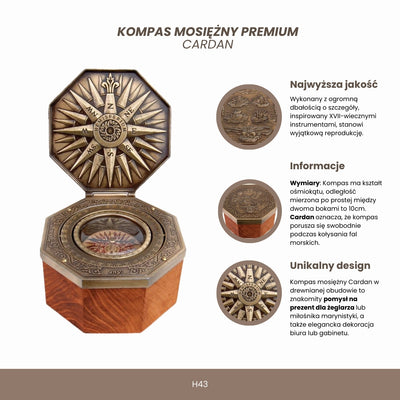 Esclusiva bussola magnetica Cardan H43 in ottone e legno con incisione personalizzata