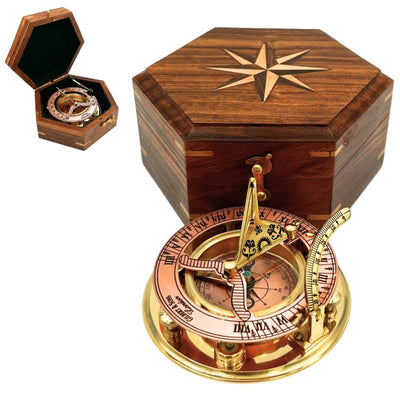 Bussola in ottone con orologio solare in elegante scatola di legno - regalo ideale con possibilità di personalizzazione tramite incisione - stile retrò, lavorazione classica, alta qualità