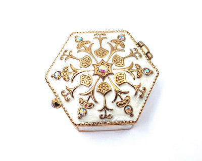 Elegante scatoletta regalo in metallo con cristalli B0035-08WH, bianco e oro, possibilità di personalizzazione tramite incisione, ideale per gioielli e piccoli oggetti, 5x5x2 cm