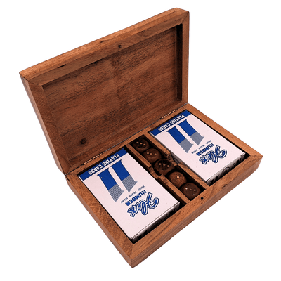Elegante set di giochi di carte e dadi in scatola di legno con decorazioni in ottone