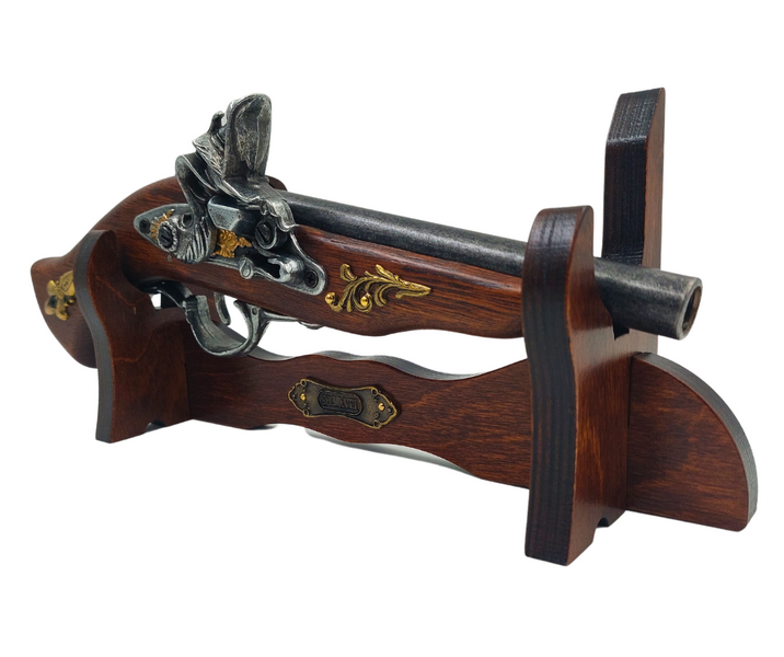 Replica della Pistola Italiana del XVII Secolo su Supporto con Possibilità di Incisione Personalizzata - Elegante Elemento Decorativo da Regalo, Realizzata in Legno e Metallo Lucido, Lunghezza 30 cm