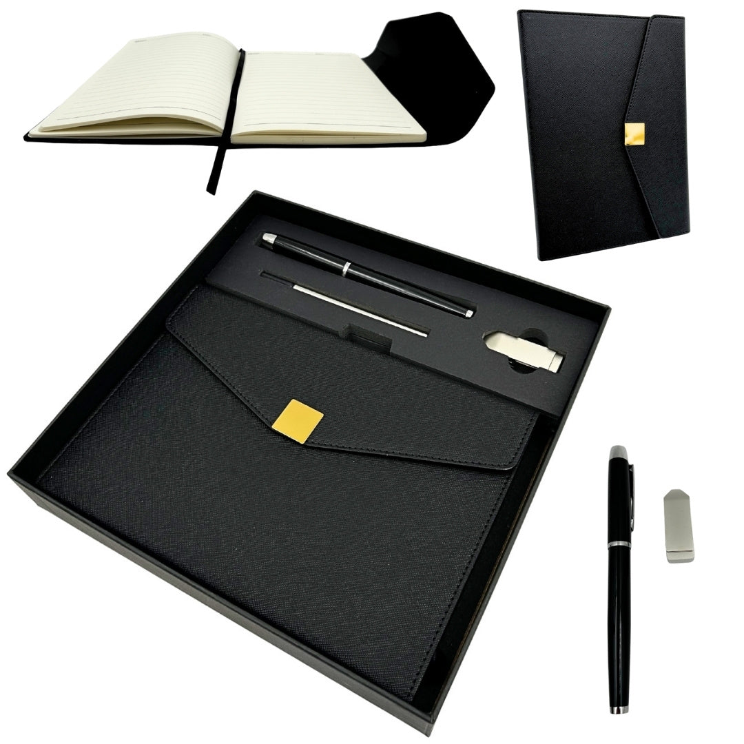 Elegante Set Regalo Premium con Personalizzazione – Taccuino in Pelle A5, Penna e Pendrive 16GB in Scatola Nero-Oro