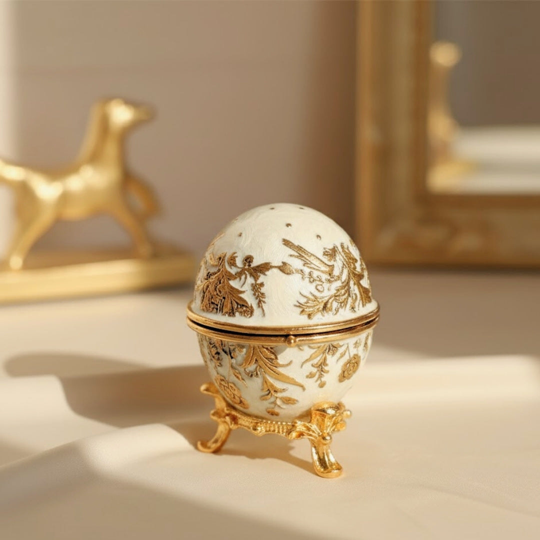 Esclusiva scatola uovo Fabergé in metallo con cristalli bianco-oro con possibilità di personalizzazione tramite incisione