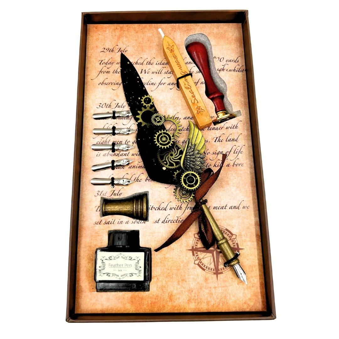 Set di Calligrafia Premium con Penna d'Oca, 6 Pennini Sostituibili, Sigillo e Supporto