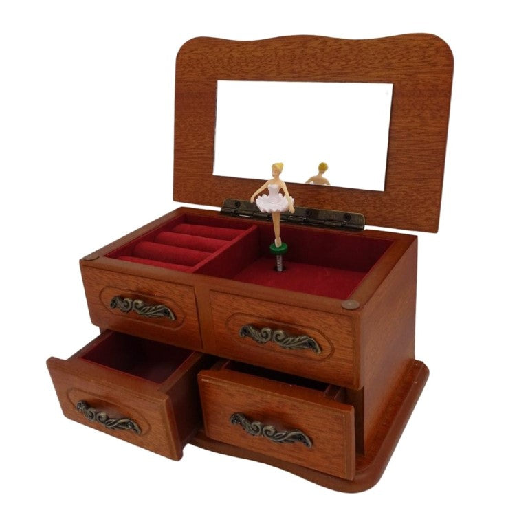 Carillon-portagioie in legno con specchietto e incisione: elegante regalo per gioielli con due cassetti, altezza 10 cm, melodia "The Entertainer"