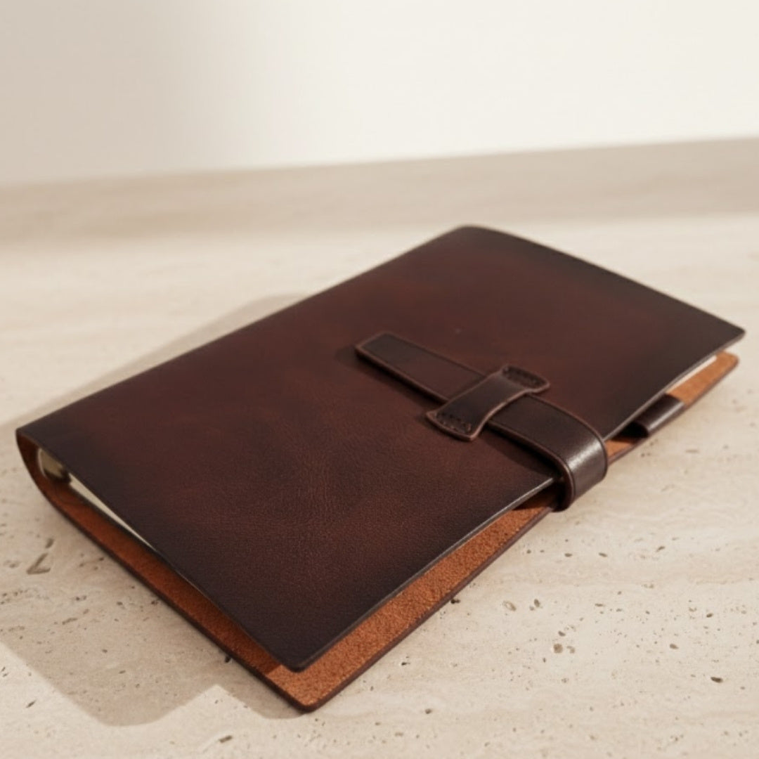 Elegante taccuino in pelle A6 retrò vintage con chiusura e personalizzazione – ideale come regalo – marrone scuro in pelle bovina di alta qualità – 80 pagine di carta bianca