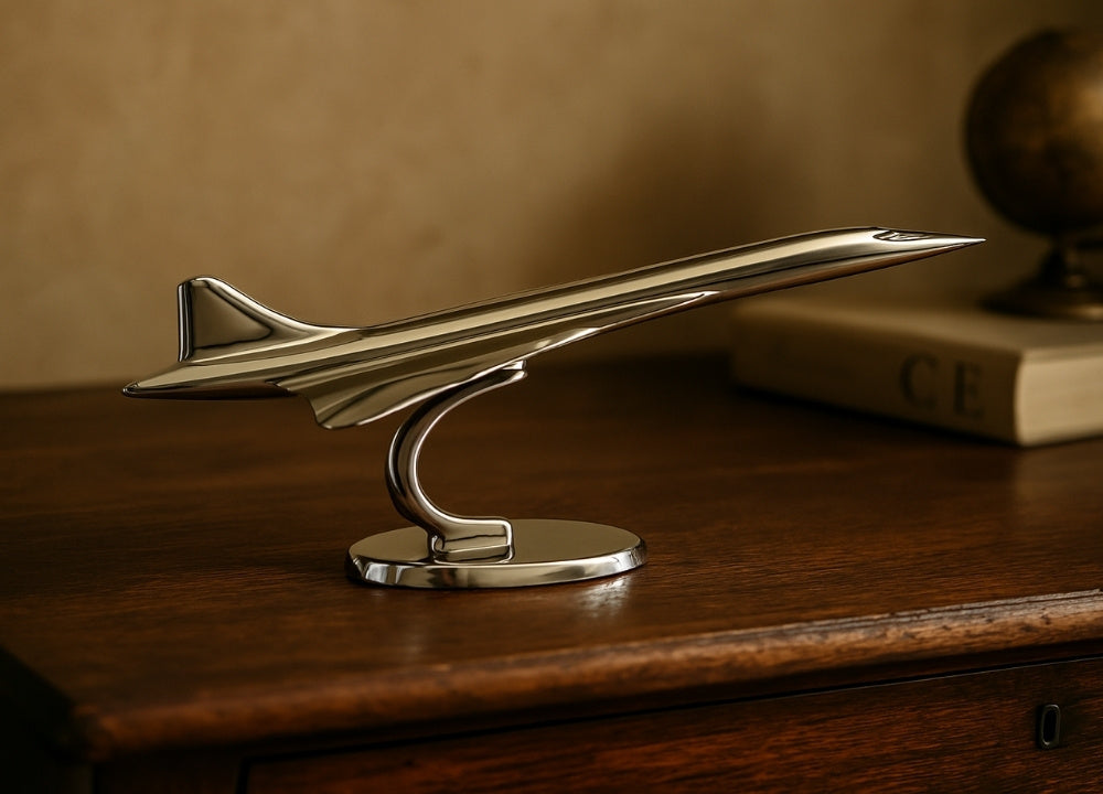 Modello metallico di aereo Concorde color argento con possibilità di personalizzazione tramite incisione