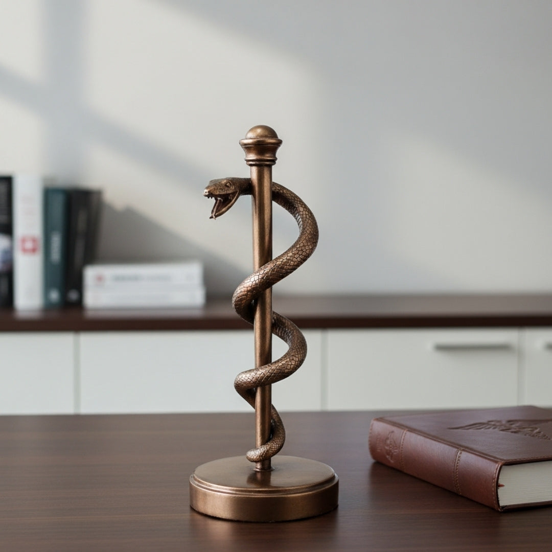 Figura Bastone di Esculapio 30 cm in resina - regalo personalizzato per medici, infermieri o farmacisti - decorazione marrone/ottone con incisione