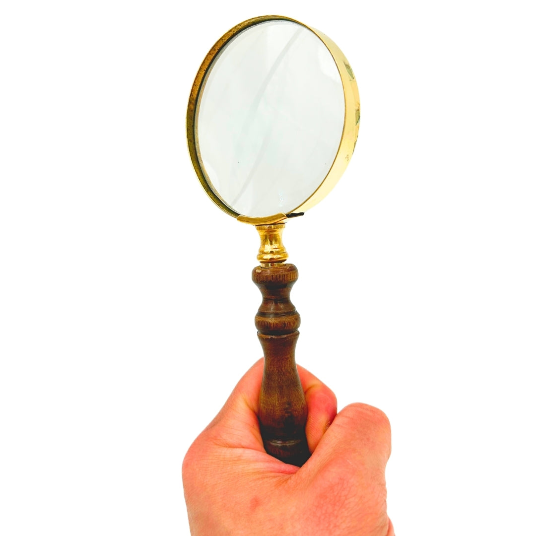 Lente d'ingrandimento in ottone retrò con manico in legno - vetro ingrandente da 18 cm con possibilità di personalizzazione tramite incisione