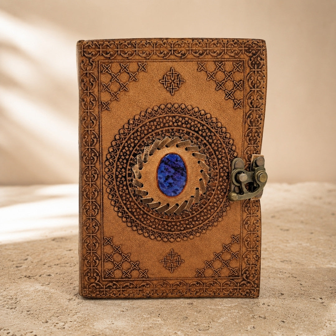 Taccuino in Pelle Retrò con Pietra - Taccuino Personalizzato con Incisione - Pelle di Bufalo, Marrone, 18x13 cm