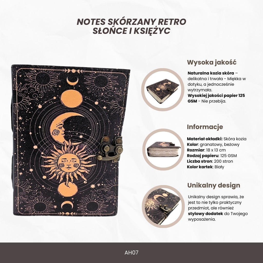 Taccuino in pelle Sole e Luna decorativo 200 pagine con possibilità di personalizzazione con incisione, blu navy, realizzato in pelle di capra, ideale come regalo