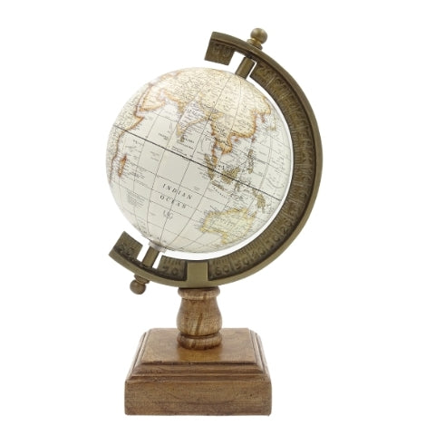 Globo Decorativo Stile Amundsen su Base in Legno con Incisione - Elegante Decorazione per Interni Classici, Loft e Coloniali, Ideale come Regalo - Altezza 26,5 cm, Colore Bianco-Marrone, Accento Educativo in Lingua Inglese