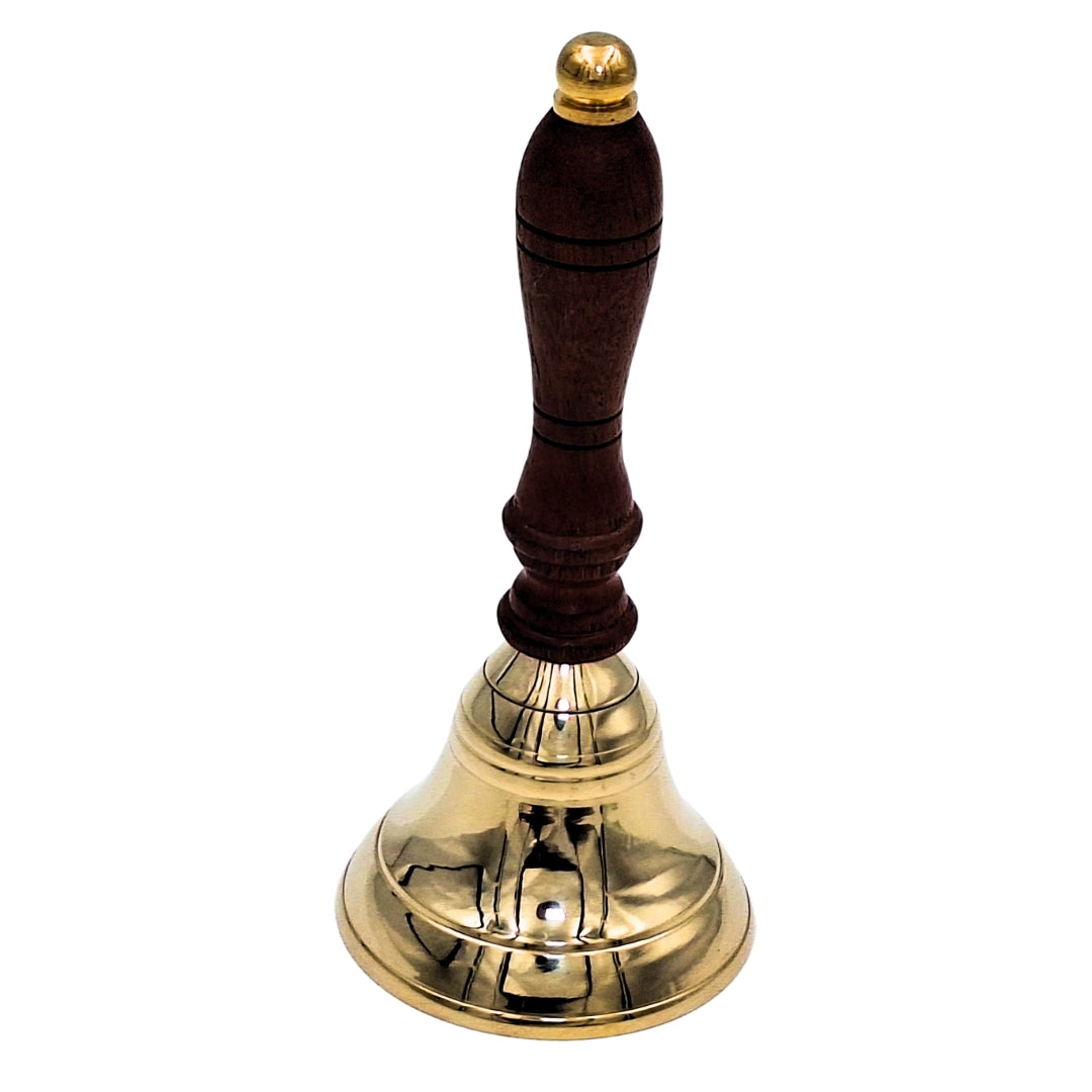 Campanello a mano in ottone con manico in legno in stile retrò – incisione personalizzata, ideale come regalo – altezza 16 cm, diametro 7,5 cm, oro e marrone