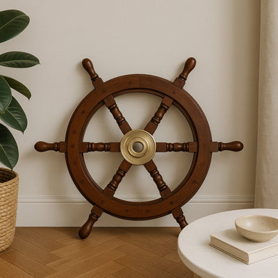 Ruota del timone in legno 45 cm con centro in ottone - Incisione personalizzata - Decorazione marina retrò per regalo a velista o appassionato del mare