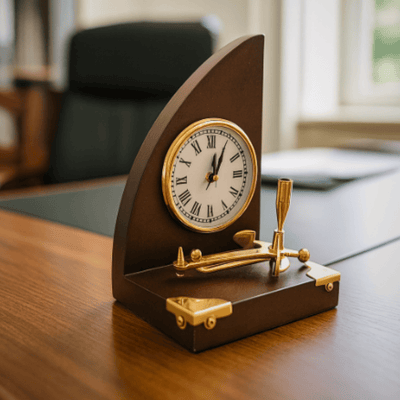 Elegante Set da Scrivania Marinaro Orologio e Portapenne in Ottone e Legno Laccato – Incisione Personalizzata – Regalo Ideale per Capo o Appassionato di Stile Vintage – Dimensioni 16 x 12,5 x 23 cm