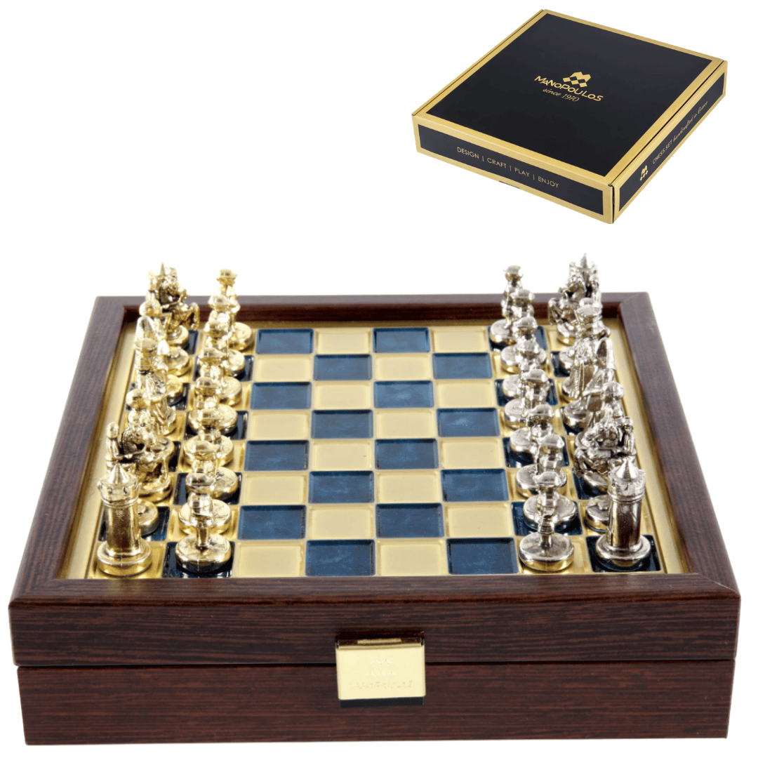 Eleganti scacchi in ottone premium 20x20cm Bisanzio con incisione personalizzata - regalo ideale per scacchisti e appassionati di storia - pezzi realizzati a mano con finitura dorata e argentata