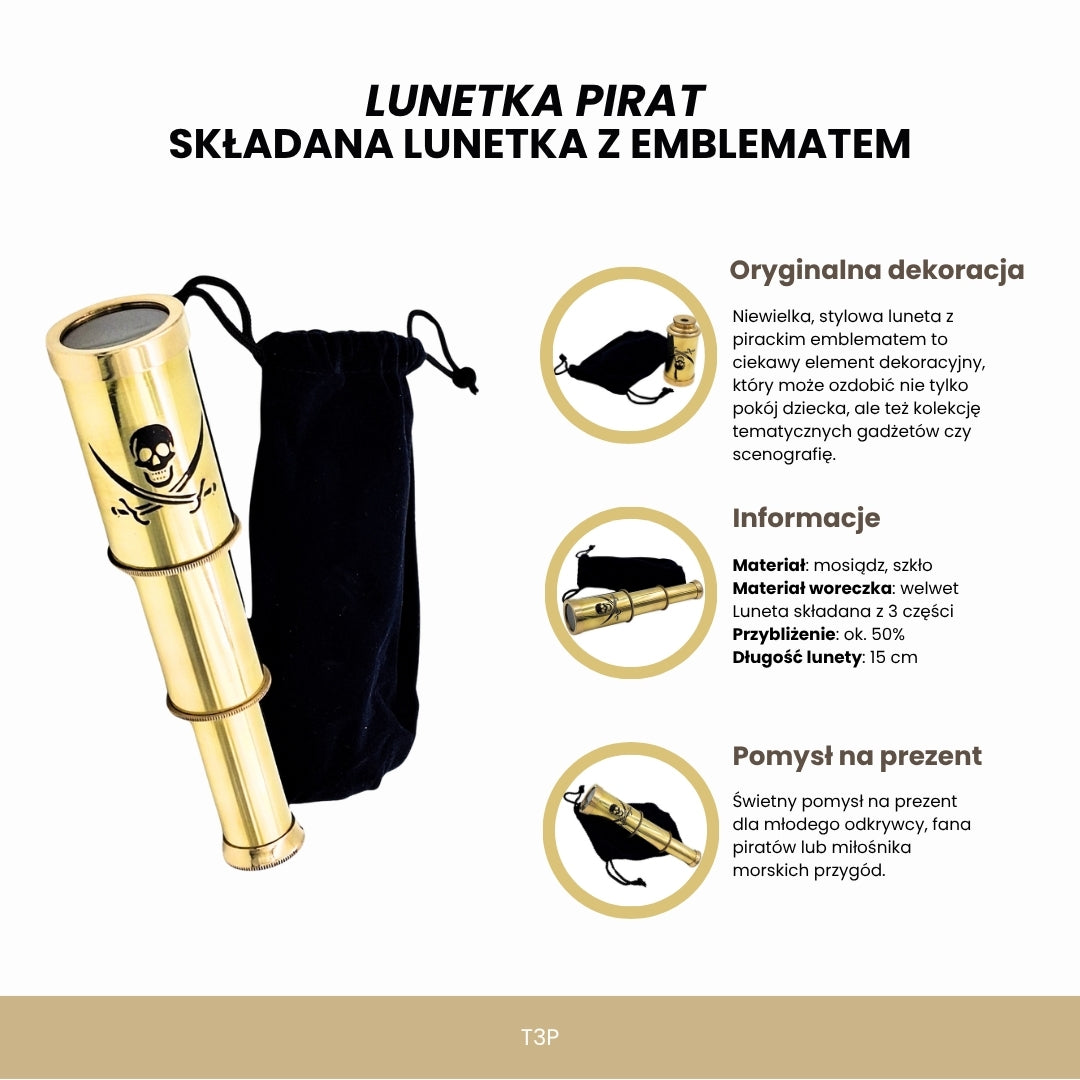Cannocchiale da pirata con emblema – cannocchiale pieghevole in ottone con incisione – regalo ideale per giovani esploratori dei mari – altezza 15 cm, set con sacchetto in velluto