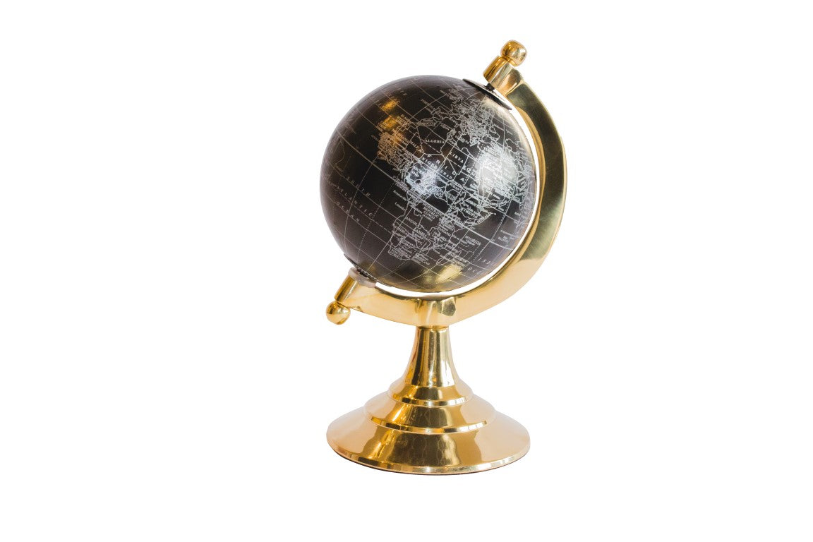 Globo decorativo Black & Gold con incisione personalizzabile – elegante complemento regalo, altezza 20 cm, base in ottone, mappa nera con scritte argento
