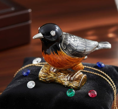 Scatoletta in metallo a forma di uccellino con cristalli, personalizzabile con incisione, ideale come regalo - nero, argento, marrone, arancione, dimensioni 5x6x5 cm, materiale: metallo, smalto, cristallo