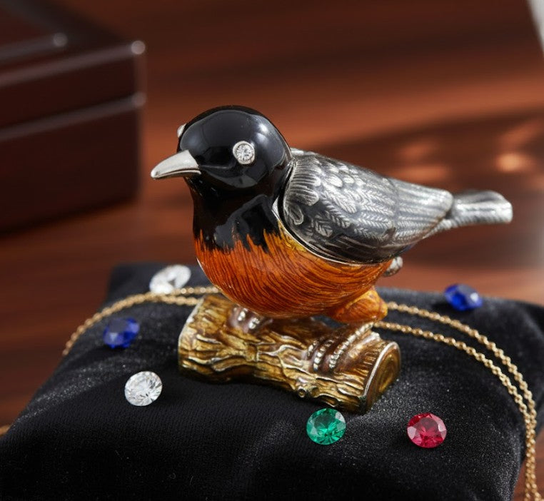 Scatoletta in metallo a forma di uccellino con cristalli, personalizzabile con incisione, ideale come regalo - nero, argento, marrone, arancione, dimensioni 5x6x5 cm, materiale: metallo, smalto, cristallo