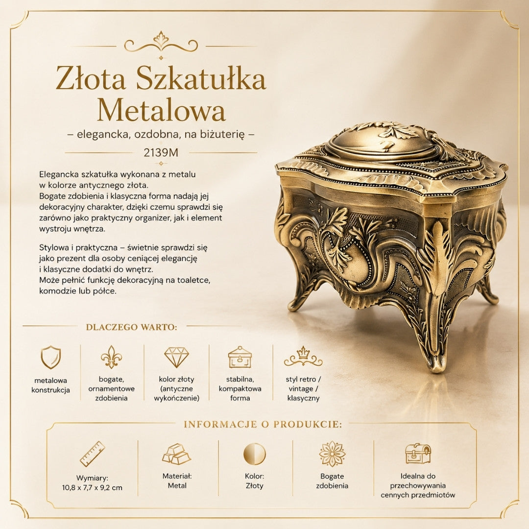 Scatola Metallica Dorata per Gioielli Retrò con Possibilità di Incisione Personalizzata - Elegante e Riccamente Decorata, Ideale come Regalo - Dimensioni: 10,8 x 7,7 x 9,2 cm, Massiccia e Imponente, Perfetta per Conservare Oggetti Preziosi