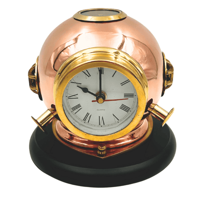 Orologio da Scrivania Elmo da Sub con Bussola - Ottone su Base in Legno con Possibilità di Incisione Personalizzata - Regalo Perfetto per Amanti del Mare e dello Stile Vintage - Altezza 16 cm, Diametro Orologio 8,5 cm