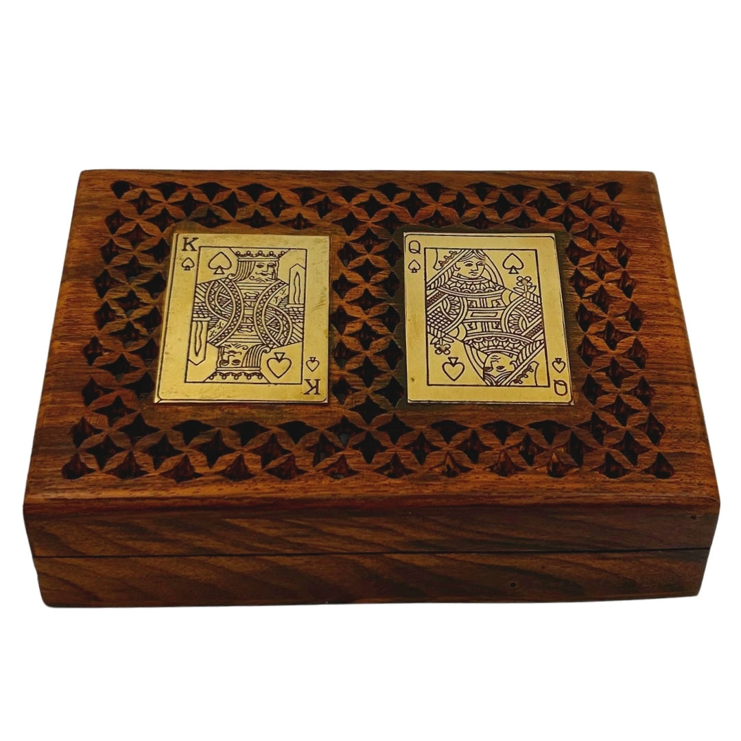 Elegante set di due mazzi di carte da gioco in scatola di legno con possibilità di personalizzazione tramite incisione