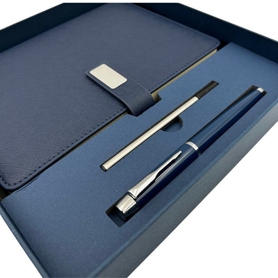 Elegante Taccuino in Pelle Blu Scuro A5 con Penna e Incisione Personalizzata in Scatola Regalo