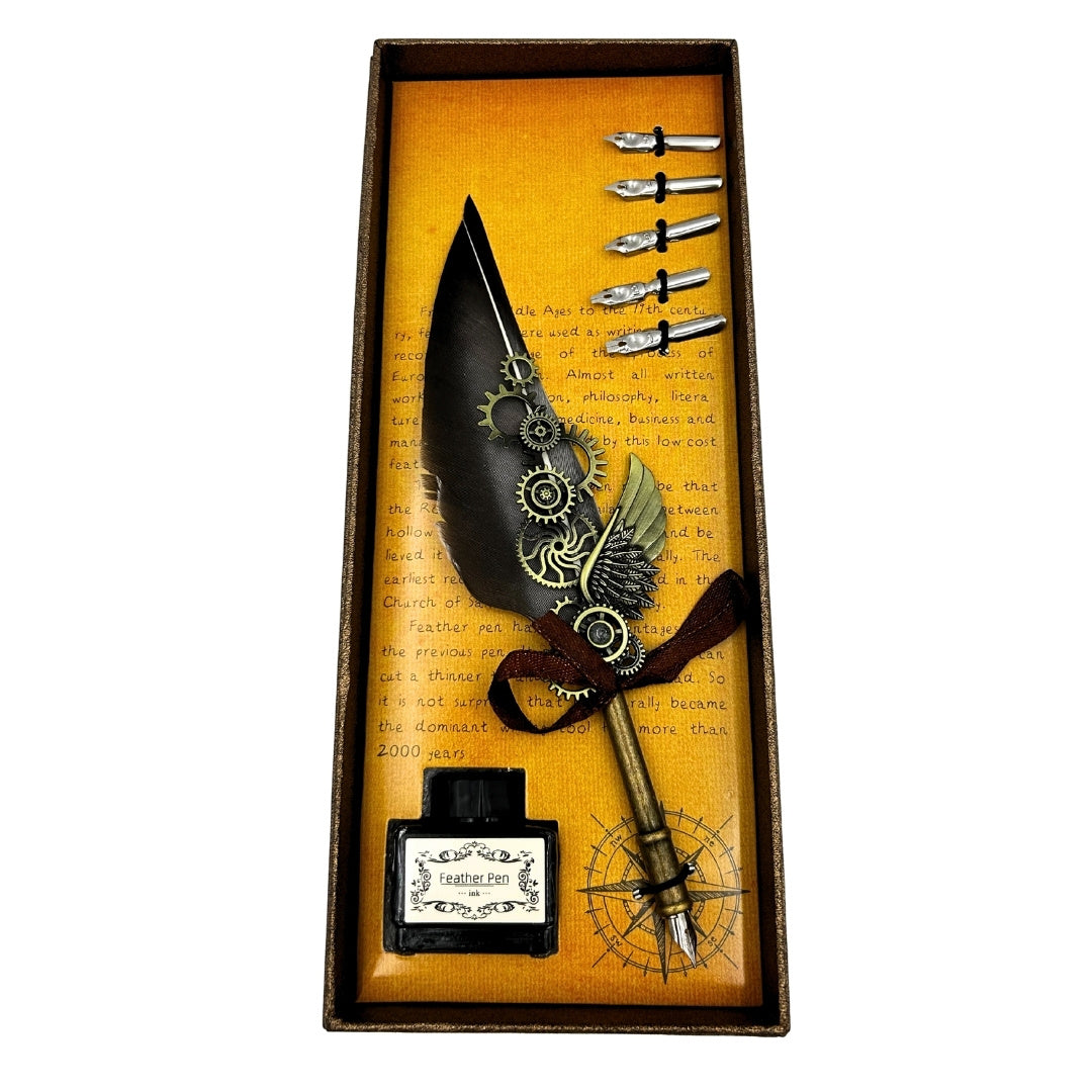 Elegante set per calligrafia retrò con penna d’oca grigia, 6 pennini, inchiostro da 15 ml e opzione di personalizzazione con incisione