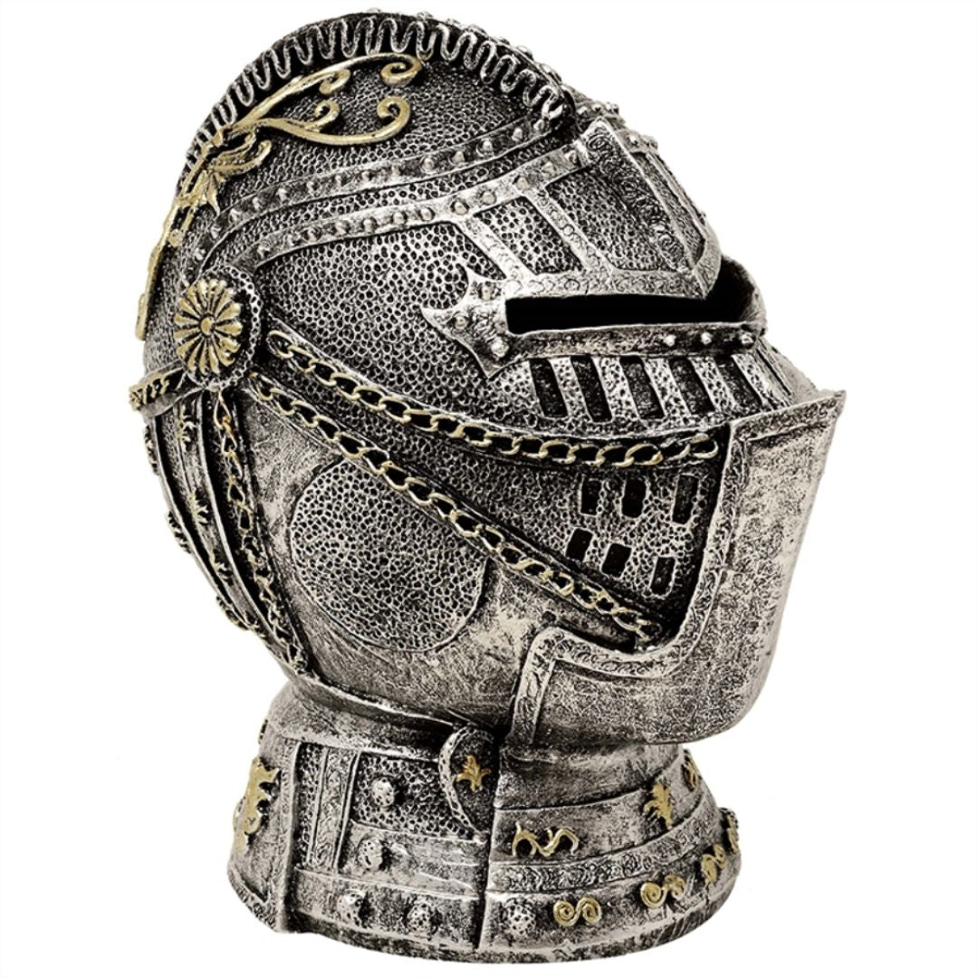 Salvadanaio decorativo a forma di elmo da cavaliere con incisione – argento anticata, 13 cm