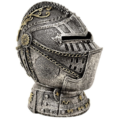 Salvadanaio decorativo a forma di elmo da cavaliere con incisione – argento anticata, 13 cm