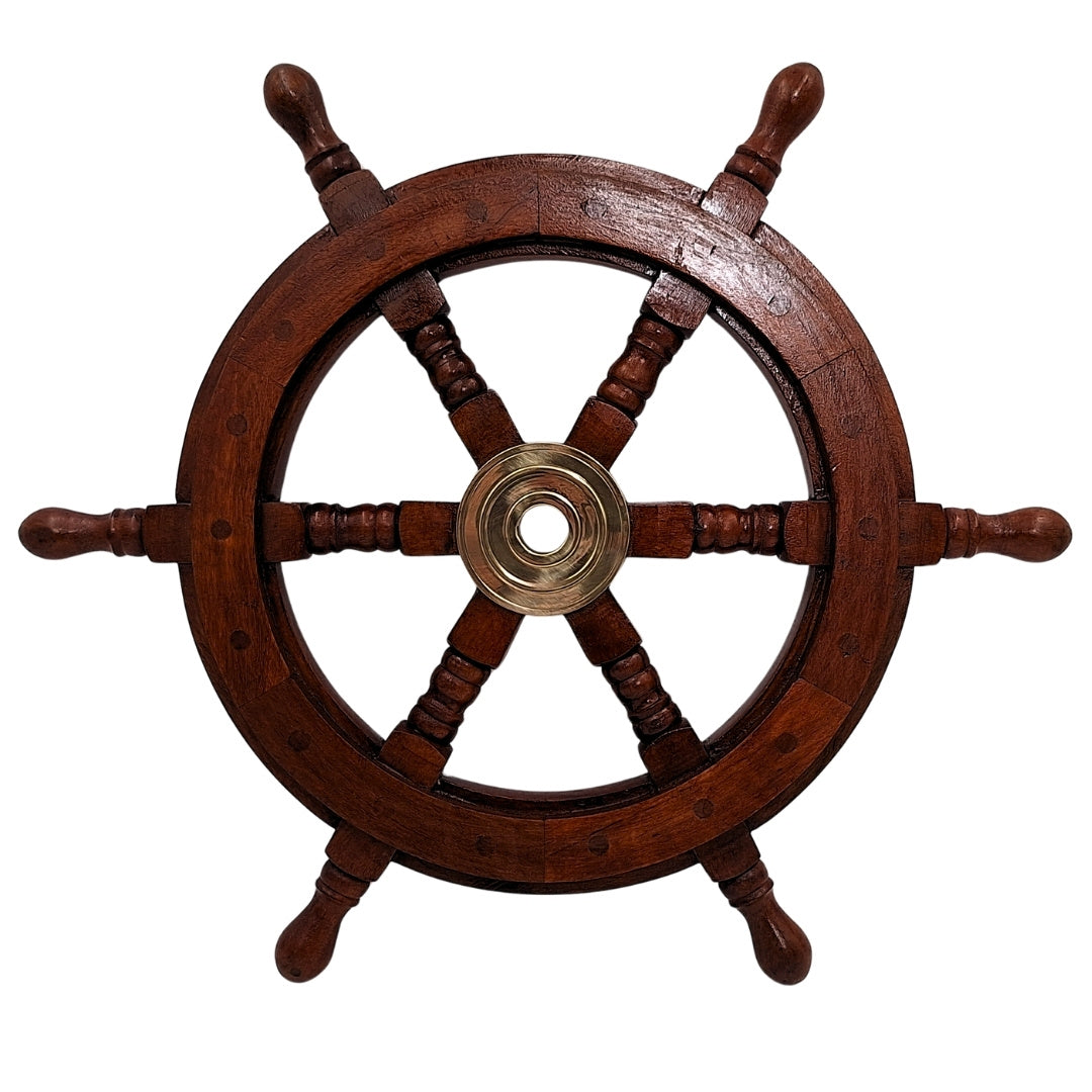 Ruota del timone in legno 45 cm con centro in ottone - Incisione personalizzata - Decorazione marina retrò per regalo a velista o appassionato del mare