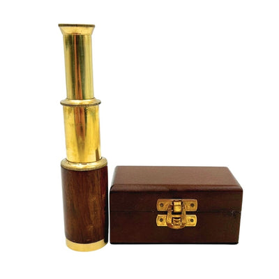 Cannocchiale in ottone con incisione in scatola di legno – elegante regalo in stile retrò, ideale per decorare ufficio o studio, altezza 15,5 cm, materiale: ottone e legno
