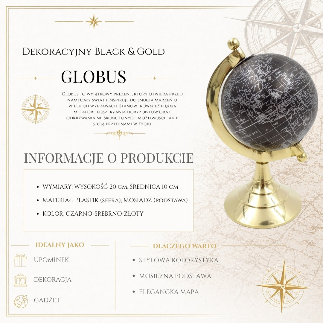 Globo decorativo Black & Gold con incisione personalizzabile – elegante complemento regalo, altezza 20 cm, base in ottone, mappa nera con scritte argento