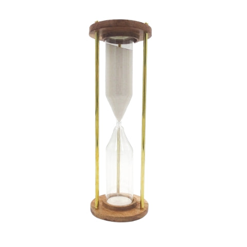 Clessidra in ottone e legno da 30 min, personalizzabile con incisione: un regalo elegante per ogni occasione, altezza 30,5 cm, sabbia bianca, materiali classici