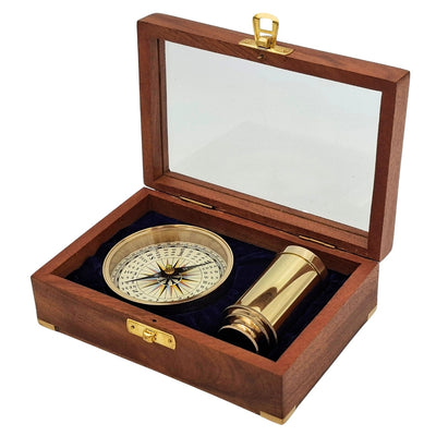 Set regalo con bussola in ottone e cannocchiale in elegante scatola di legno con incisione