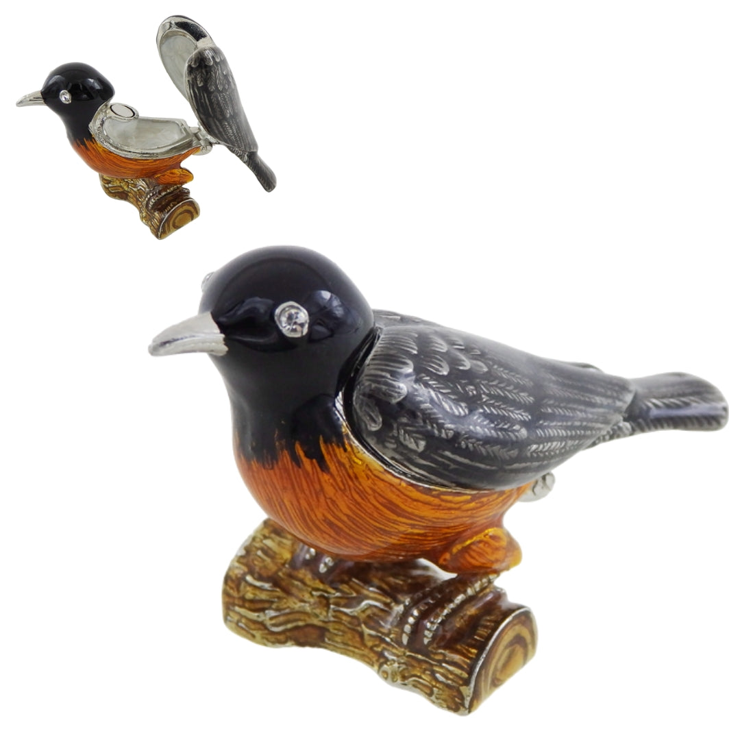 Scatoletta in metallo a forma di uccellino con cristalli, personalizzabile con incisione, ideale come regalo - nero, argento, marrone, arancione, dimensioni 5x6x5 cm, materiale: metallo, smalto, cristallo