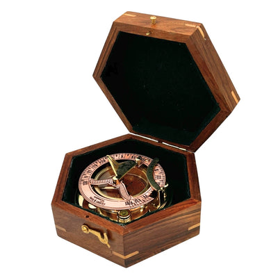 Bussola in ottone con orologio solare in elegante scatola di legno - regalo ideale con possibilità di personalizzazione tramite incisione - stile retrò, lavorazione classica, alta qualità