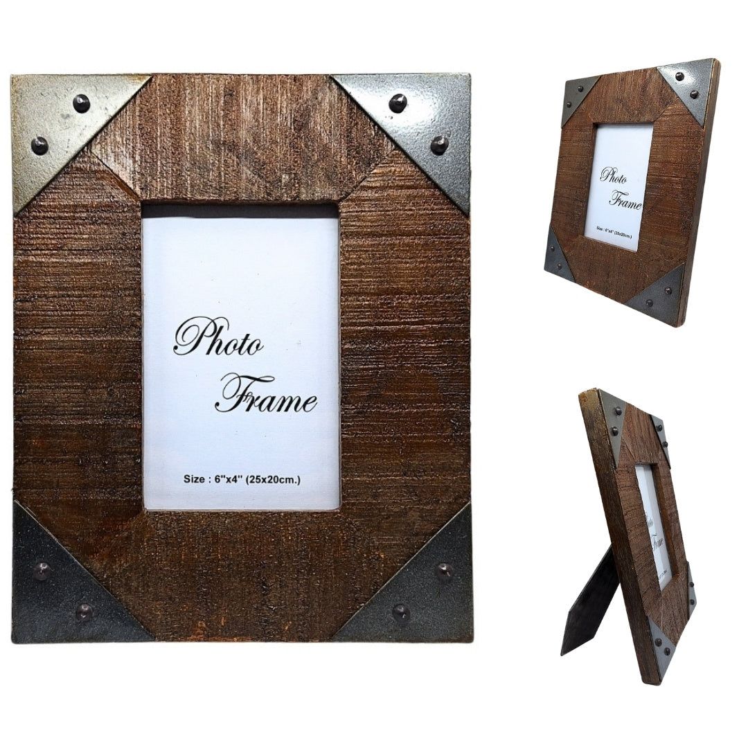 Cornice in legno per foto 10x15 cm in legno di mango con ferri metallici, possibilità di incisione personalizzata, perfetta come regalo in stile vintage