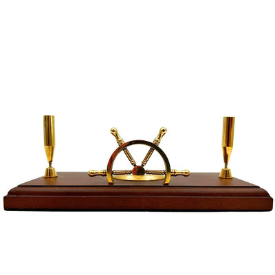 Set da Scrivania Marinaro con Incisione – Timone, Bussola, Portapenne in Legno Lucidato e Ottone
