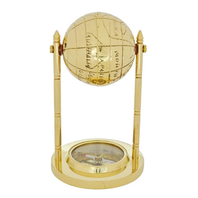 Globo decorativo in ottone con bussola e possibilità di personalizzazione con incisione, dorato, altezza 12,5 cm