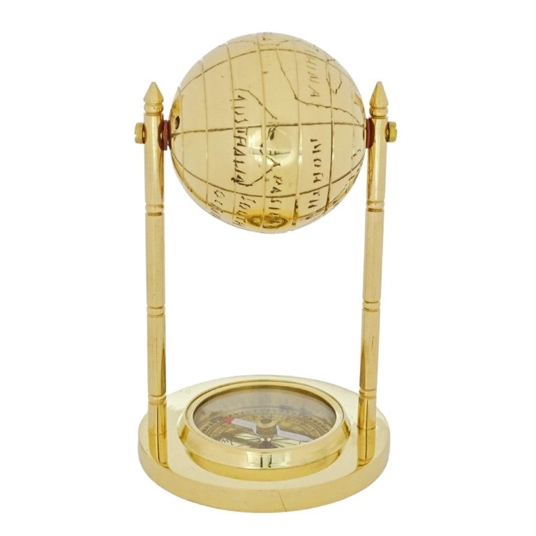 Globo decorativo in ottone con bussola e possibilità di personalizzazione con incisione, dorato, altezza 12,5 cm